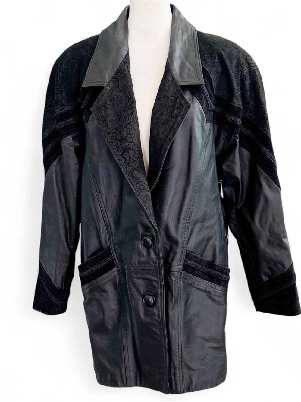 Vintage 80s Petite Sophisticate Black Leather Suede Paisley Coat
